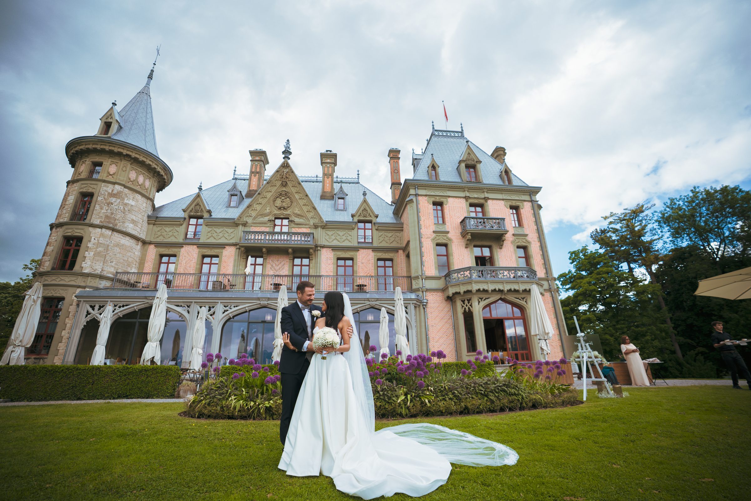 Bride and groom outside a Swiss castle